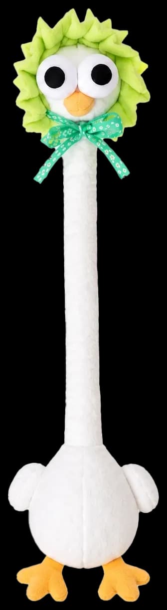 A long-neck plush bird with a lime feather crown